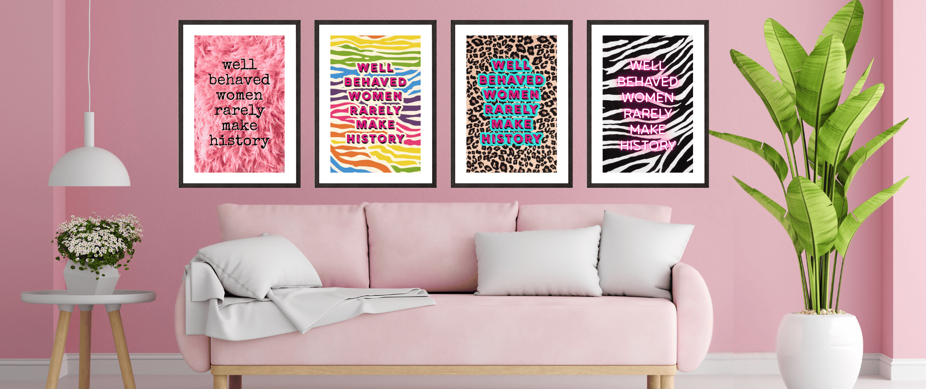 Vibrant mixed design wall art prints on the living room wall showcasing bold messages and animal prints.